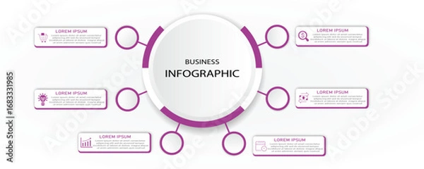 Fototapeta Business infographic circular 6 steps with icons | Abstract business white diagram with eminence circle border | Modern vector illustration for presentation, business process