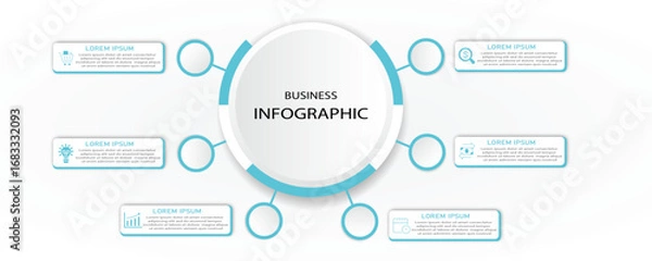 Fototapeta Business infographic circular 6 steps with icons | Abstract business white diagram with blue circle border | Modern vector illustration for presentation, business process