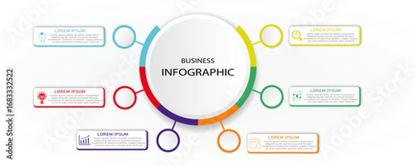 Fototapeta Business infographic circular 6 steps with icons | Abstract business white diagram with colourful circle border | Modern vector illustration for presentation, business process