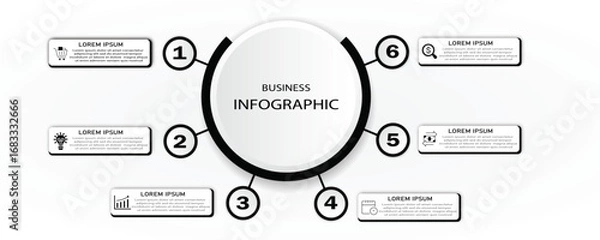 Fototapeta Business infographic circular 6 steps timeline process with icons | Abstract business white diagram with black circle border | Modern vector illustration for presentation, business process
