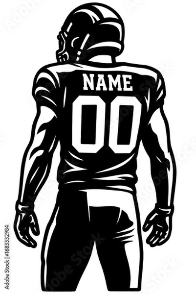 Fototapeta American football player back view with custom jersey number, black and white sports vector
