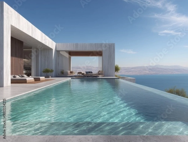 Obraz A large swimming pool with a white house in the background. The pool is surrounded by a deck and has a view of the ocean