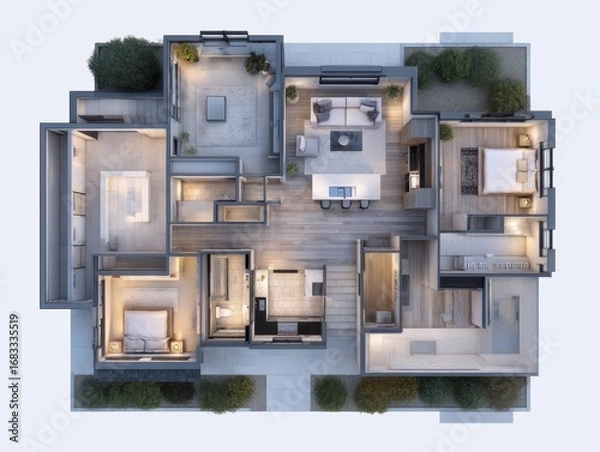 Obraz A floor plan of a three story house with a kitchen and a living room. The kitchen has a sink and a stove