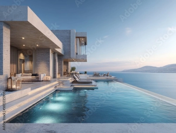 Obraz A large pool with a white house in the background. The pool is surrounded by a white deck