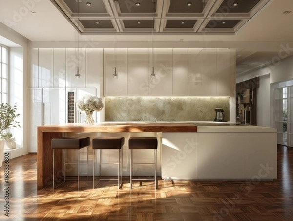 Obraz A kitchen with a wooden counter and four bar stools. The counter is made of wood and has a vase on it. There is a potted plant on the left side of the counter