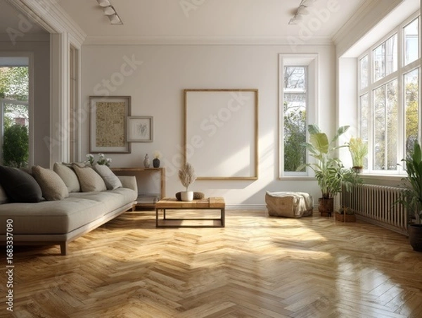 Obraz A living room with a white wall and a large empty frame. There is a couch, a coffee table, and a potted plant