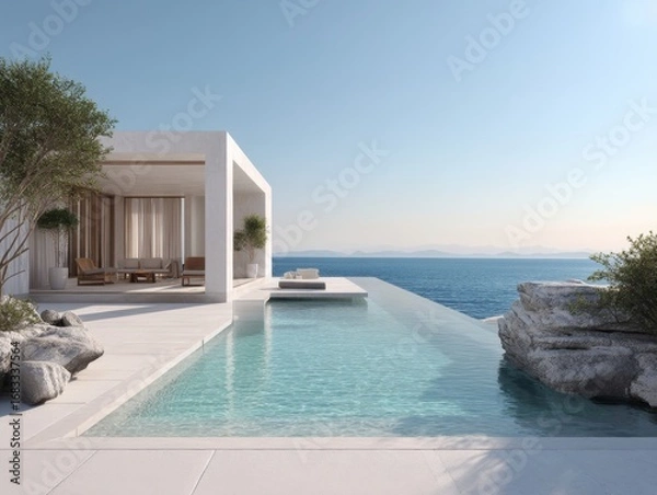 Obraz A large pool with a white house in the background. The pool is surrounded by rocks and has a white fence