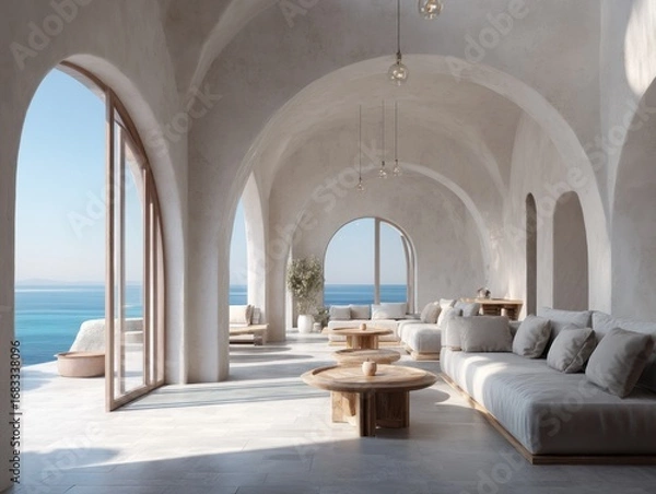 Obraz A large room with a view of the ocean. The room is white and has a lot of windows. There are several couches and chairs in the room