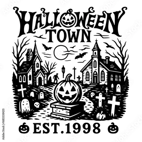 Fototapeta Haunted library with gothic architecture, pumpkins, ghosts, bats, and spooky trees in black and white
