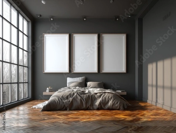 Obraz A bedroom with a bed, a nightstand, and three white picture frames on the wall. The bed is covered with a white comforter
