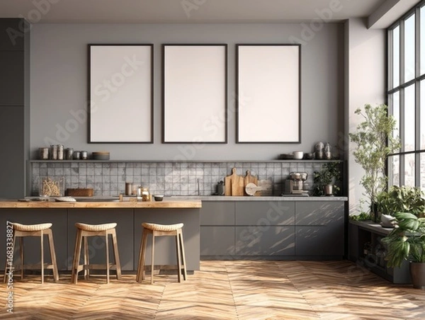 Obraz A kitchen with a counter and three empty picture frames on the wall. There are two potted plants in the room