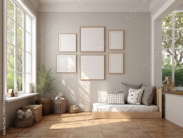 Obraz A room with a couch and a bed. The couch is white and the bed is white. There are pictures on the wall