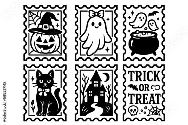 Fototapeta Set of Halloween stamp-style designs with pumpkins, ghosts, and trick or treat text in black and white
