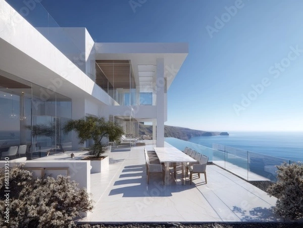 Obraz A large white house with a balcony overlooking the ocean. The balcony has a table and chairs. The house has a large patio with a pool and a dining table