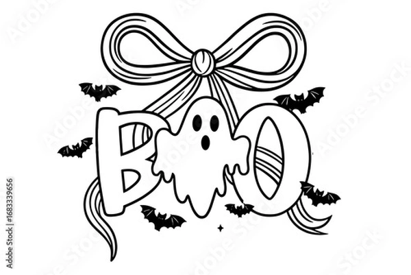 Fototapeta Halloween ghost with bow ribbon and text “BOO” in cute spooky black and white illustration
