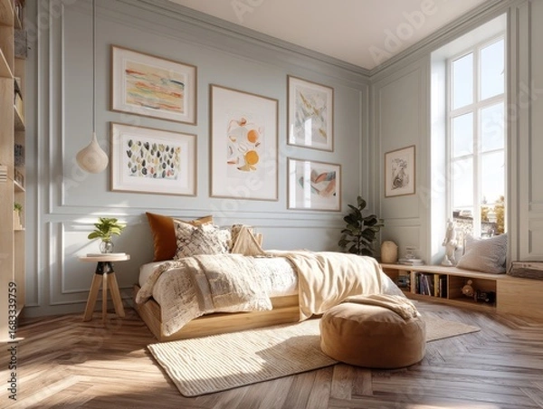 Obraz A bedroom with a bed, a rug, and a window. The bed is covered with a white comforter and pillows. There are several framed pictures on the wall, including one of a tree