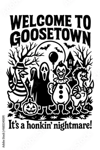 Fototapeta Goosetown spooky Halloween illustration with ghosts, skeletons, and pumpkins in a forest setting
