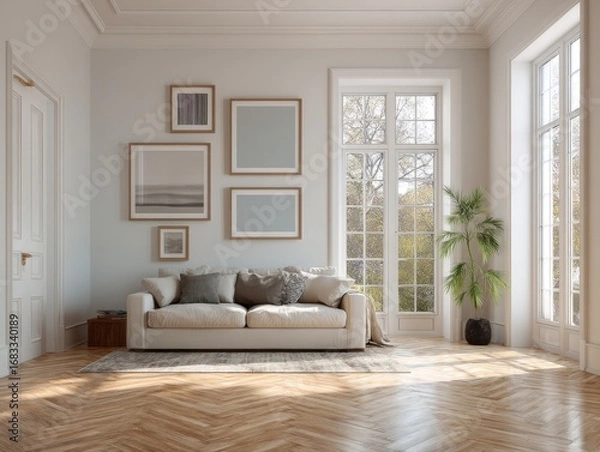 Obraz A living room with a white couch and a potted plant. The couch is covered with pillows and there are several framed pictures on the wall