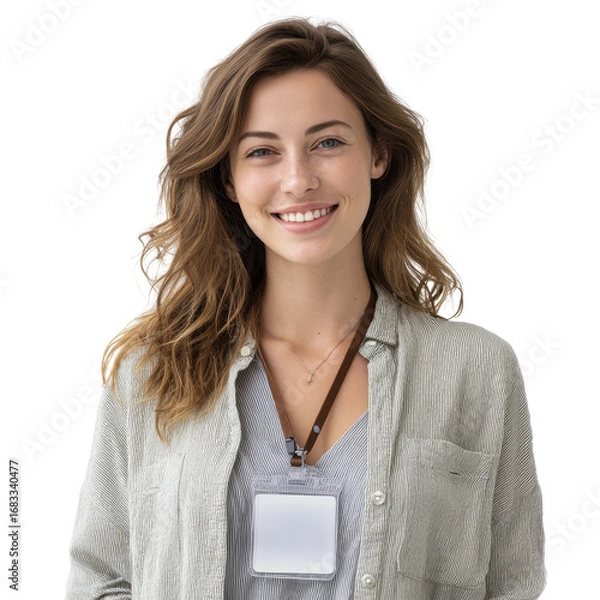 Fototapeta Woman with ID badge smiling isoleted on transparent background .