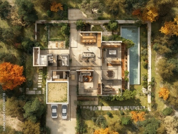 Obraz A house with a pool and a car in the driveway. The house is surrounded by trees and has a green roof