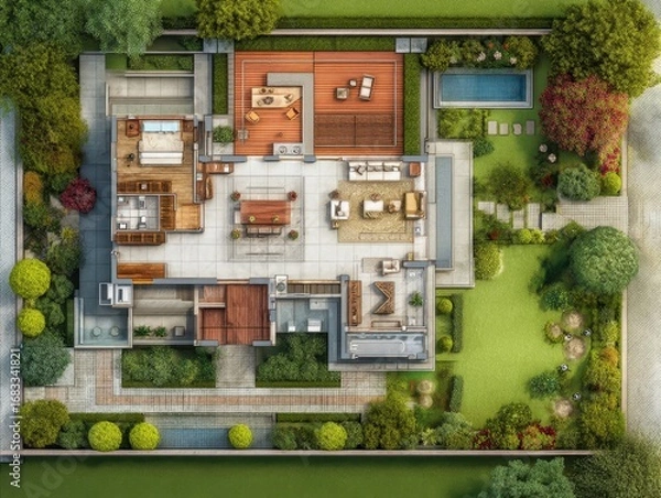 Obraz A house with a large backyard and a pool. The house has a lot of windows and a balcony