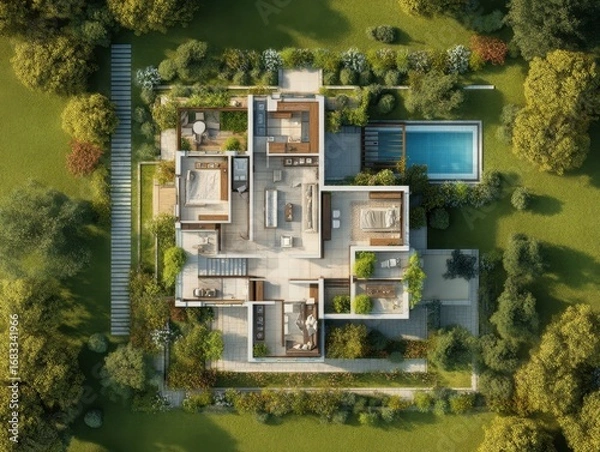Obraz A house with a pool and a garden. The house has three floors and a balcony. The pool is located in the backyard