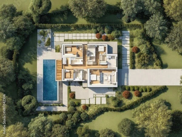 Obraz A house with a pool and a driveway. The house is surrounded by trees. The pool is on the left side of the house