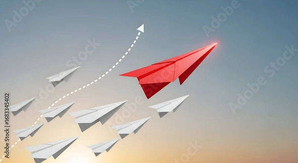 Fototapeta Red paper plane leading the way for success and innovation in a competitive market