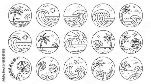 Fototapeta Beach themed circular icon set with sun and waves 