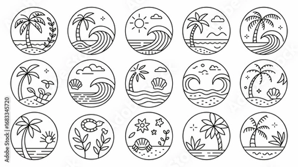 Fototapeta Minimalist beach line icon set with tropical elements 