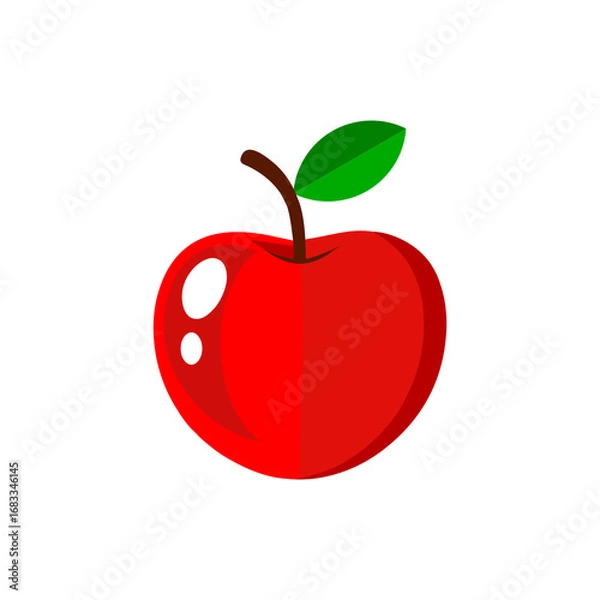 Fototapeta A ripe, juicy, red apple 3d cartoon style with a green leaf isolated on a white background, perfect for a fresh fruit vector illustration, flat icon