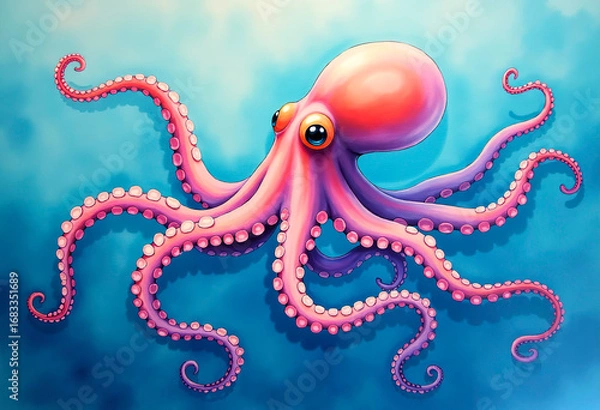 Obraz A colorful illustration depicting a pink octopus with tentacles on a gradient blue background.