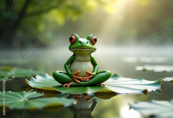 Obraz A green frog meditating in lotus position on a lily pad, surrounded by misty morning pond, zen atmosphere, soft sunlight, peaceful composition