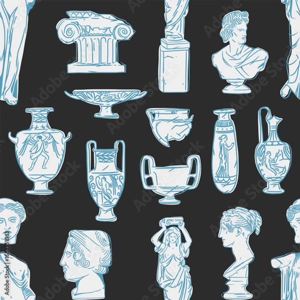 Fototapeta Hand drawn vector abstract graphic, greek ancient sculpture statues and column line art modern seamless pattern.Antique graffiti psychedelic sculpture in trendy style.Antique statue design background.