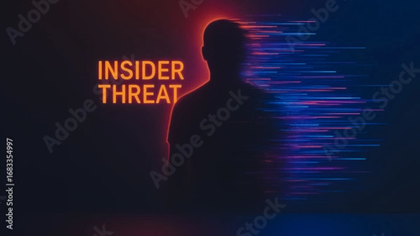 Fototapeta Insider Threat - Silhouette and Neon Sign: A silhouette of an anonymous individual is overlayed onto a vibrant scene of neon, representing the concept of an insider threat.