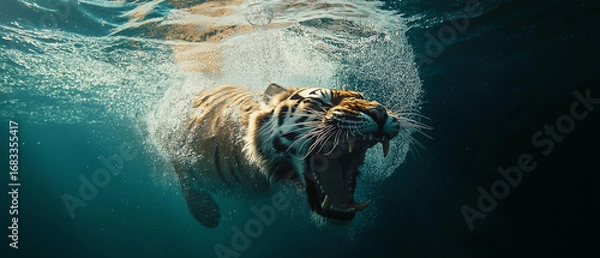 Obraz AI generator image of Tiger vs. Saltwater, Shown Crocodile: Epic Wildlife ,High quality wildlife photography ferocious tiger lunges at a crocodile in a river, showcasing a dramatic wildlife encounter 