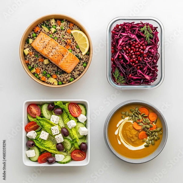 Fototapeta Healthy meal prep with salmon, quinoa, salad, and soup isolated on white background