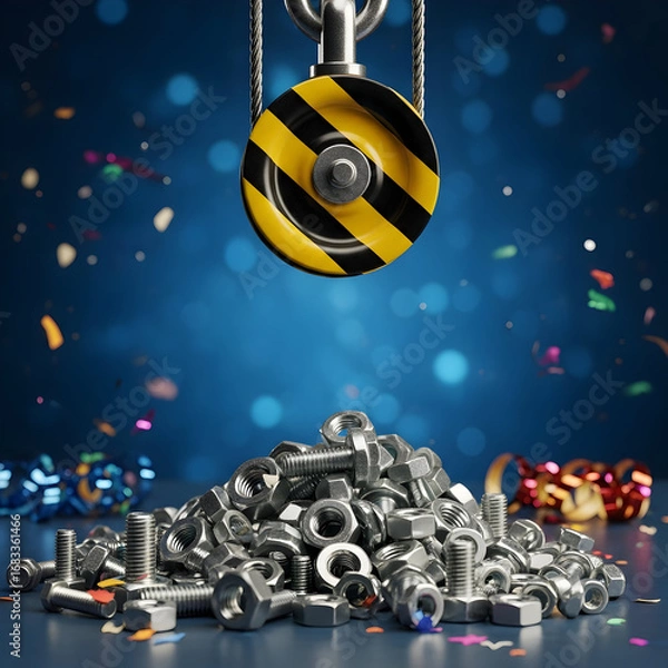 Fototapeta Close-up shot of a pulley system lifting a pile of metal nuts and bolts.