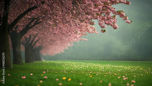 Obraz AI generator image of flower garden is blooming in the valley, beautiful scenery, pink flower garden, cherry blossoms are in full bloom but petals are falling because of the rain, on a rainy day