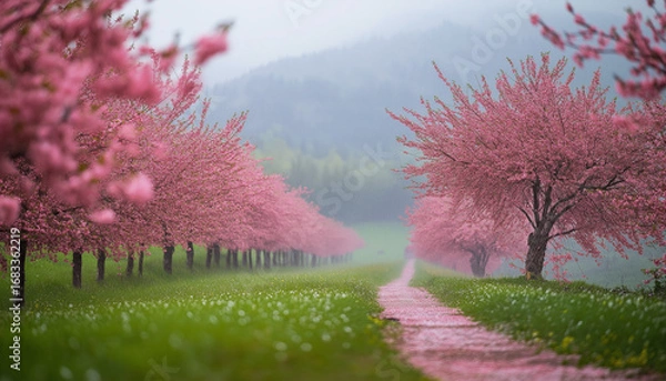 Obraz AI generator image of flower garden is blooming in the valley, pink flowers blossom garden is blooming in early spring the popular tourist season. hill blanketed with pink flowers blossoms , emerges t