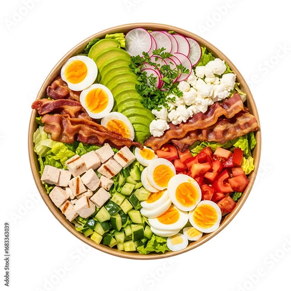 Fototapeta Chef salad with chicken, bacon, avocado and egg keto meal isolated on transparent background