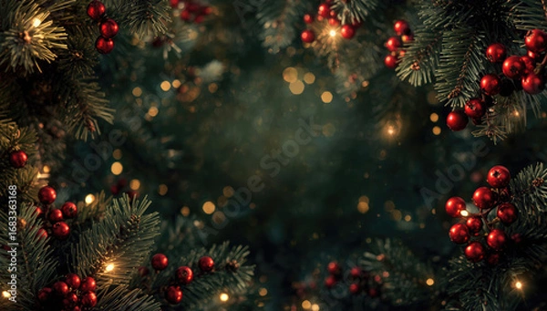 Obraz Christmas background with lush fir branches, bright red berries and twinkling lights, empty space for text in the middle, Christmas design