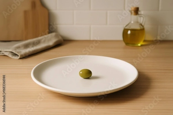 Fototapeta Green olive placed on a white plate on a wooden table in a modern kitchen, representing minimalist eating habits and portion control