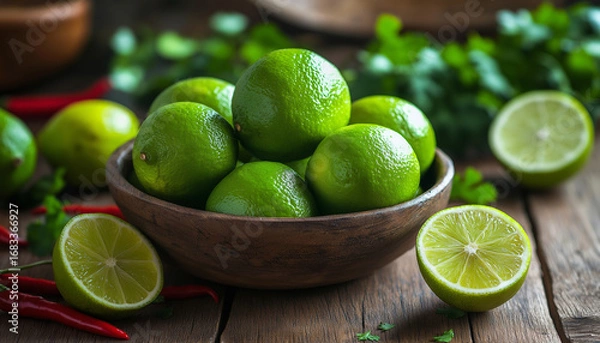 Obraz AI generator image of Green Lime ,Fresh limes and green leaves on wooden table, Plate of vibrant fresh limes with one sliced in half top view 