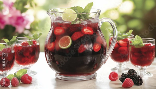 Obraz AI generator image of Cool drink compote of various berries , strawberry in a glass jug on a concrete background summer refreshing drinks, jug of juice and fruit juice decorated with freshness
