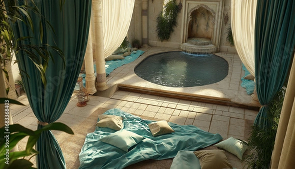 Obraz AI generator image of The patio and living room are decorated in a spa style with a small swimming pool. The sound of the waterfall makes you feel relaxed.