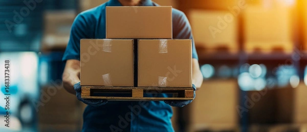 Obraz AI generator images of warehouse and factory store with industrial space and hardware boxes for delivery against a bokeh light background, Industrial packaging , forklift loads pallets and boxes onto 