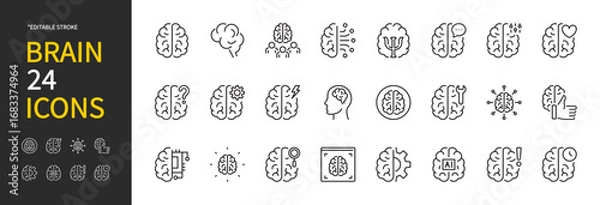 Fototapeta Brain icon set. Anatomy, internal organ, intelligence, psychology, mental health, neurons symbol. Vector illustration. Flat design. Editable stroke. Isolated on a white background.