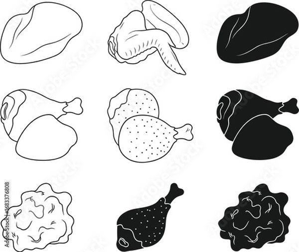 Fototapeta Collection of stylized raw chicken cuts, showcasing diverse preparation options