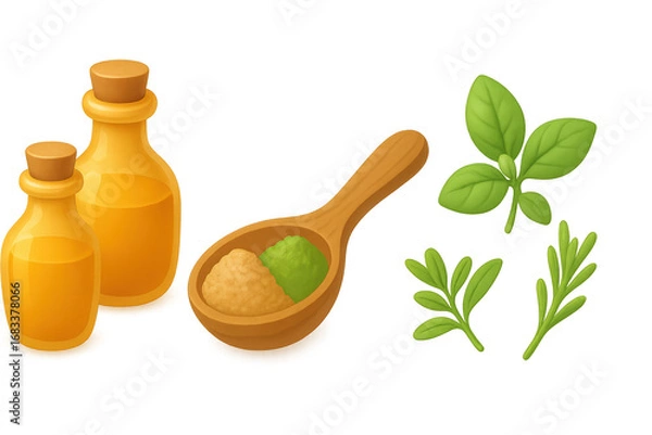 Fototapeta A Vibrant Display of Natural Oils and Fresh Herbs in a Warm, Inviting Color Palette for Culinary Inspiration and Cooking Enthusiasts isolated on white or transparent png